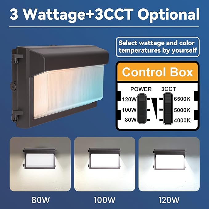 120W LED Wall Pack Light with Photocell 2Pack 4000/5000/6500K 3CCT 80/100/120W Selectable Commercial Wall Pack Lights Outdoor LED Wall Lights for Building Parking Lot Yard 100-277V ETL Listed