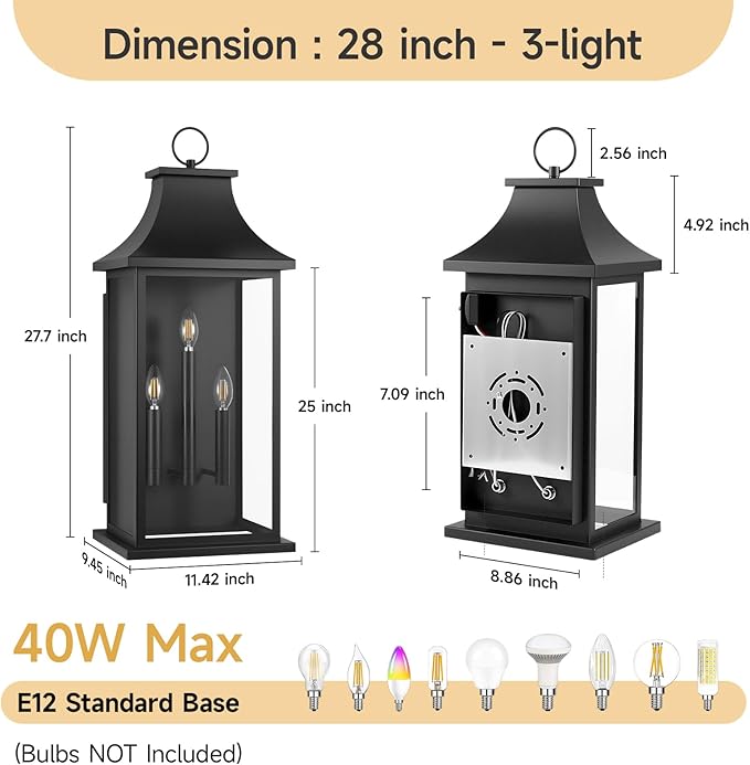 Extra Large Outdoor Wall Lights Dusk to Dawn Sensor Outside Lights Exterior Lighting Fixtures Wall Mount Wall Sconce Light Outdoor Lanterns for Porch Black 28 3-Light 1-Pack