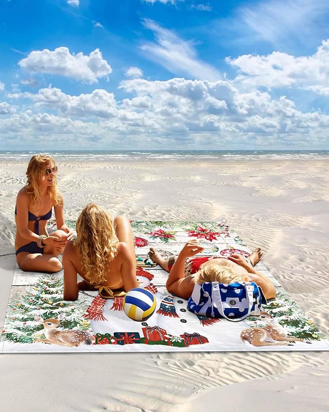 Beach Blanket Waterproof Sandproof OversizedChristmas Snowman Pine Tree Reindeer Beach Mat with Corner Stakes Sand PocketsPoinsettia Bell Wood Grain Picnic Mat for Travel Camping Hiking95x80In