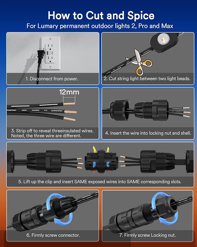 Lumary Waterproof 3Pin Wire Connector for Permanent Outdoor Lights Black 2 Pack