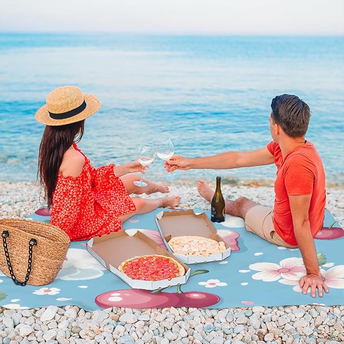 Waterproof Sandproof Beach Blanket 59''×68'' Cherry Decorations Polyester Outdoor Picnic Blanket with 4 Stakes &amp Storage Bag for BeachCampingVacation Blue