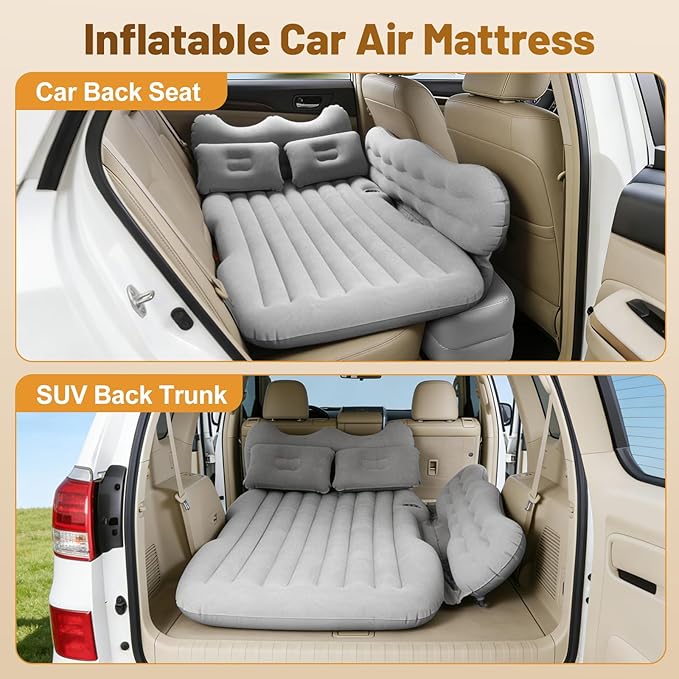 Inflatable Car SUV Air Mattress Back Seat Bed with Air PumpPortable Thickened Car Travel Camping Sleeping Air Mattress Blow Up Bed for Car Universal SUV