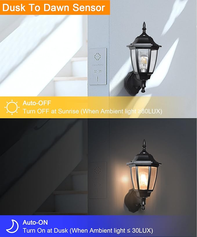 FUDESY Outdoor Wall Light Dusk to Dawn Porch Sensor Light Black Plastic Anti-Corrosion with LED Edison Filament Bulb Exterior Mount Lantern for House Garage (1-Pack) FDS2542PS-B