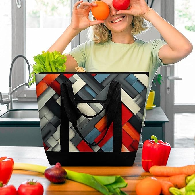 Insulated Shopping BagLarge Reusable Cooler Bags Diagonal Geometric Printed Foldable Shopping BagTravel Waterproof Shoulder Bag