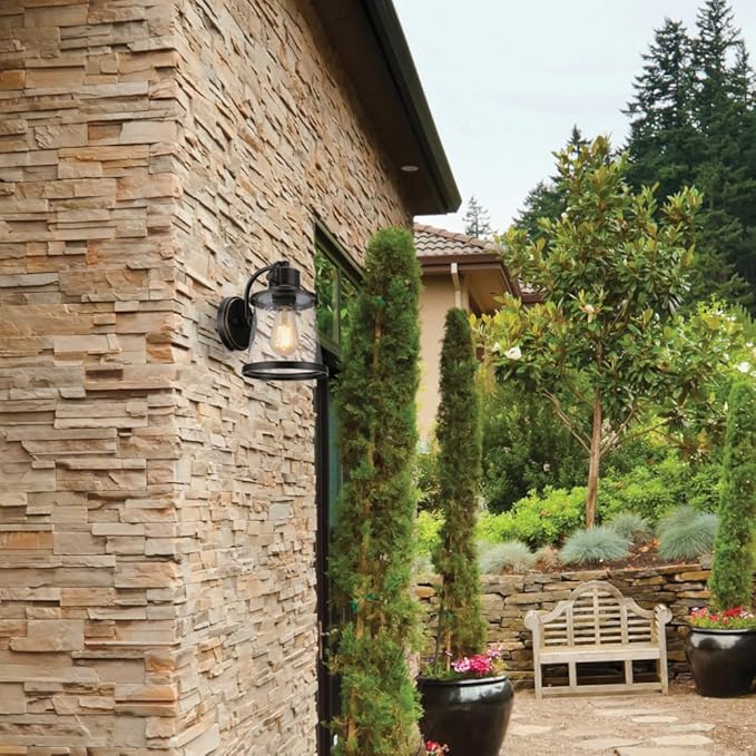 Globe Electric 44127 Charlie 1-Light Outdoor Indoor Wall Sconce LED Bulb Included Oil Rubbed Bronze Clear Seeded Glass Shade 500 Lumen