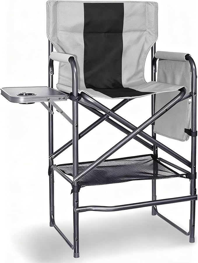 30 Tall Directors Chair with Side Table 400LBS Bar Height Folding Camping Chair (Light Gray/Black)