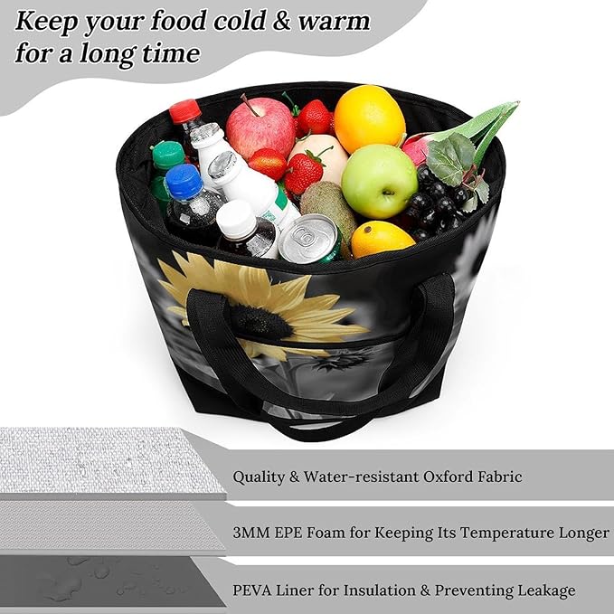 Insulated Shopping BagLarge Reusable Cooler Bags Black And White Sunflowers Printed Foldable Shopping BagTravel Waterproof Shoulder Bag
