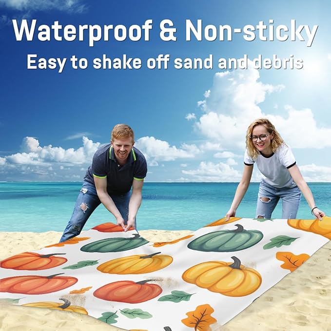 Waterproof Sandproof Beach Blanket 59''×68'' Watercolor Pumpkin Polyester Outdoor Picnic Blanket with 4 Stakes &amp Storage Bag for BeachCampingVacation White