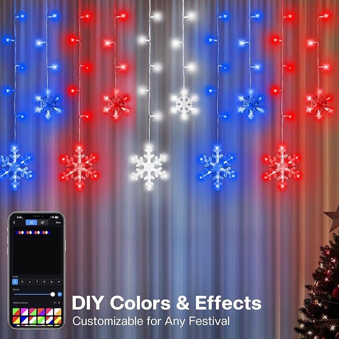 16FT Smart Icicle Lights with Snowflake for Outside App Control DIY Color Changing 16 Drops 208LEDs Outdoor Christmas Lights Plug In Window Curtain Light for Room Roofline Eaves Patio