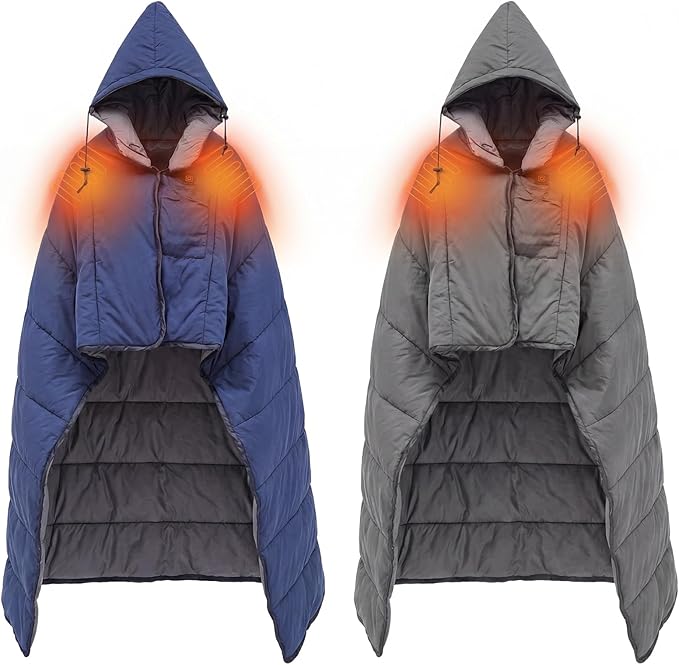Preboun 2 Pack Wearable Heated Camping Poncho Blanket with Hood and 3 Heating USB Powered Portable Sleeping Bag Waterproof Windproof Thermal Outdoor Blanket for Stadium Fishing Sports Games Hunting