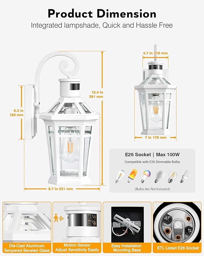 Motion Sensor Outdoor Wall Lantern White Outdoor Lighting Fixtures Wall Mount Dusk to Dawn Exterior Sconce Lights with Beveled Glass Waterproof Exterior Front Porch Lights for Garage Coach