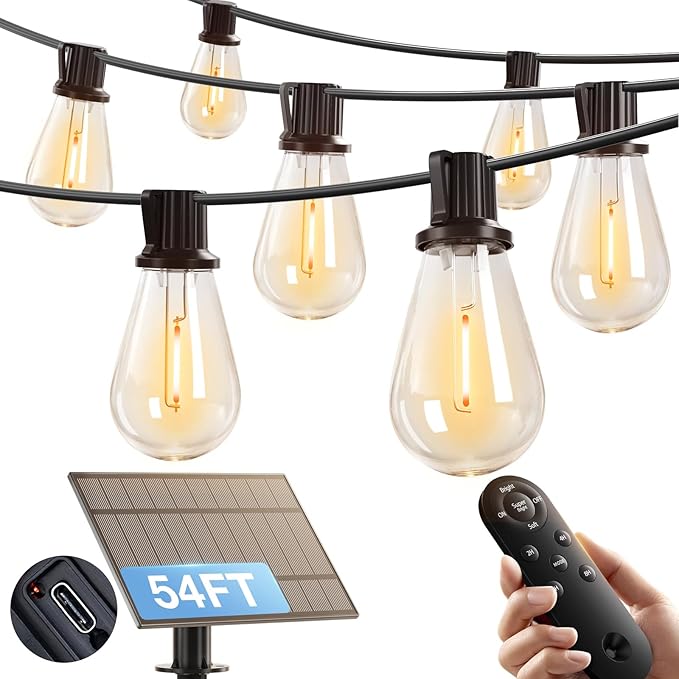 addlon 54FT(48FT+6) Solar String Lights Outdoor Waterproof with USB Port &amp Remote Control Solar Patio Lights for Outside Solar Powered with 16 LED Dimmable Bulbs for Porch Garden Deck Halloween