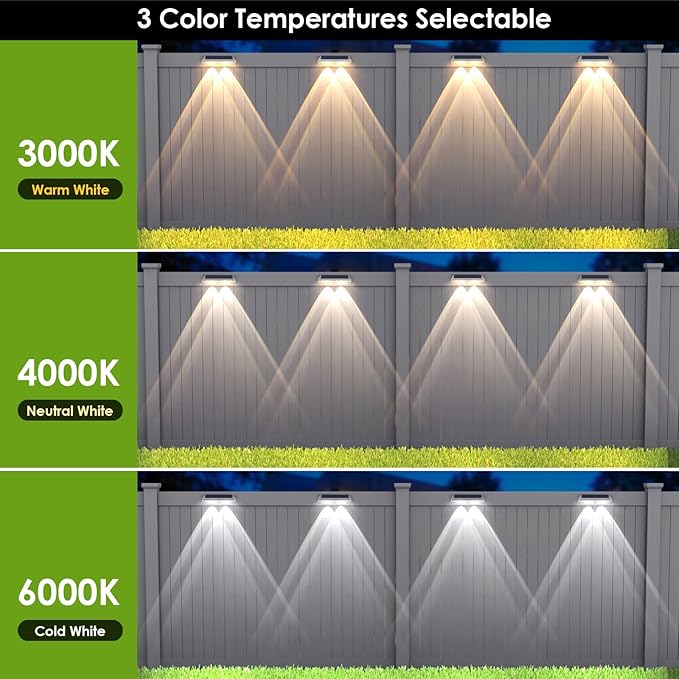 12 Pack Solar Fence Lights Outdoor Waterproof LED - 3000/4000/6000K 3 Mode IP65 Waterproof Fence Lights Solar Powered Solar Wall Lights for Outside Backyard/Step/Patio/Deck Fence/Stair Railings