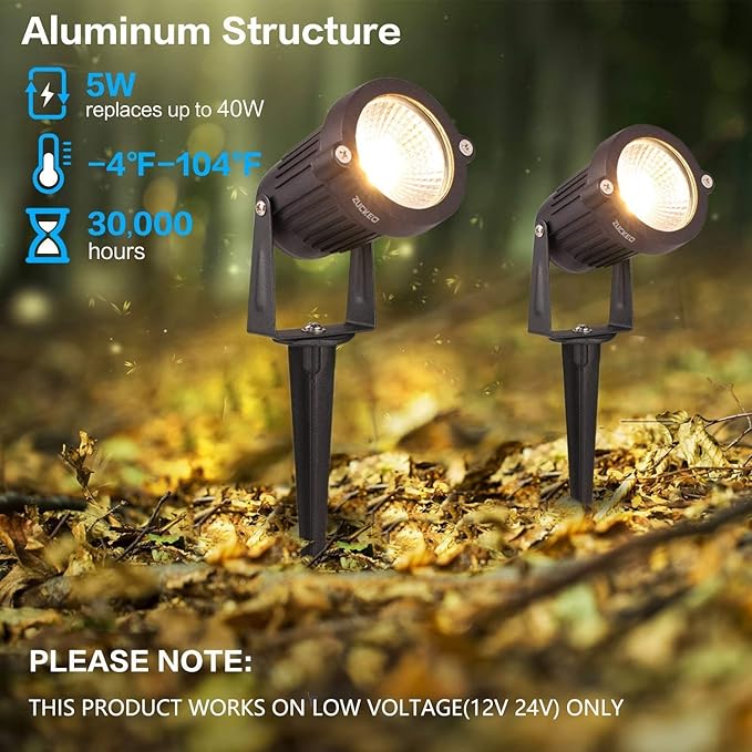 ZUCKEO Low Voltage Landscape Lights LED Landscape Lighting 5W 12V Garden Pathway Lights Waterproof Warm White Walls Trees Flags Outdoor Landscape Spotlights with Stakes (8 Pack)