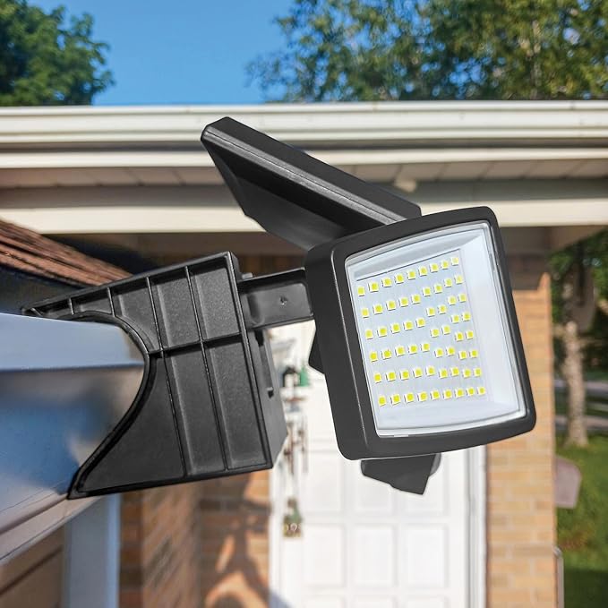 Insert Solar Lights AMS1971 1000 Lumens Motion-Activated Triple-Head Solar-Powered Security Light with Tool-Free Gutter Mount Bracket (Black)