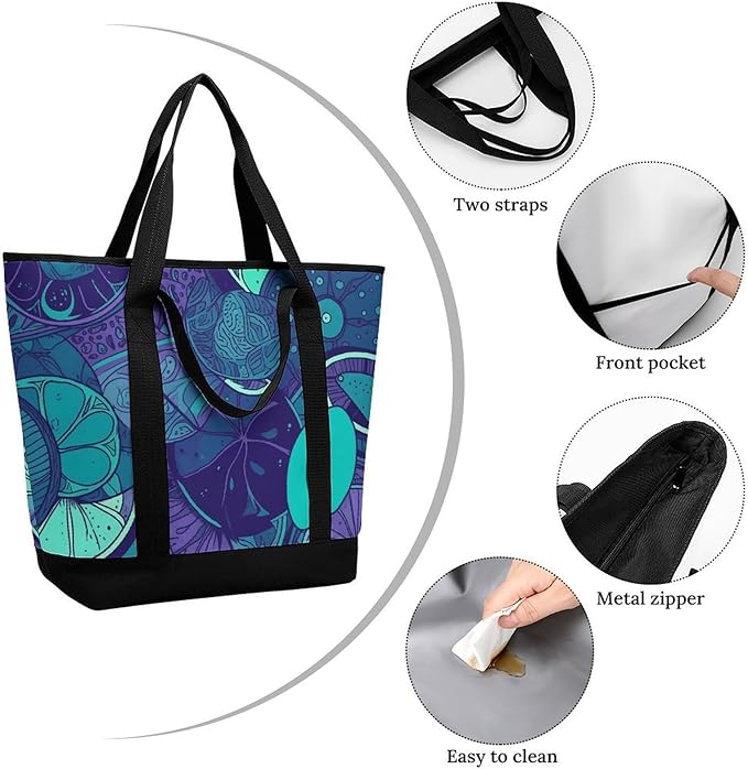 Insulated Shopping BagLarge Reusable Cooler Bags Blue Teal Lemon Printed Foldable Shopping BagTravel Waterproof Shoulder Bag