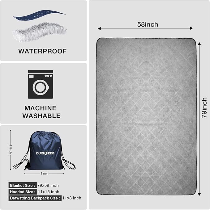 DUKUSEEK Outdoors Waterproof Throw Blanket with Hood 79”x 59” Sherpa Fleece Stadium Windproof Blankets for Boat Traveling Camping Football Dogs Outdoor Sporting Events-Machine Washable