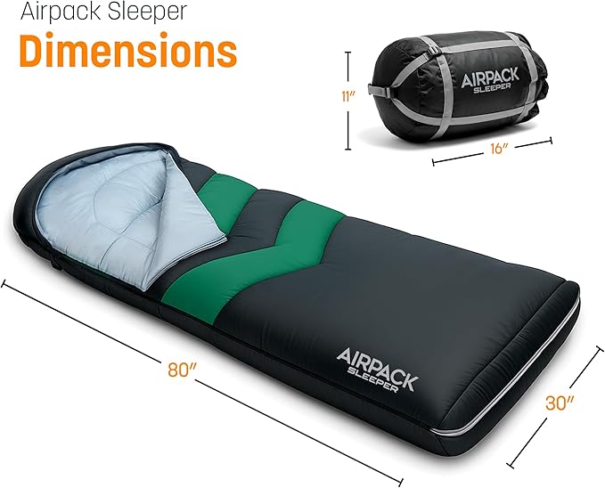 Sleeping Bag with Built-in Pad (AirPack Sleeper) - All-in-One Inflatable Sleeping Pad and Zip-Up Blanket for Camping with Built-in Foot Pump (Black/Green) 80×30