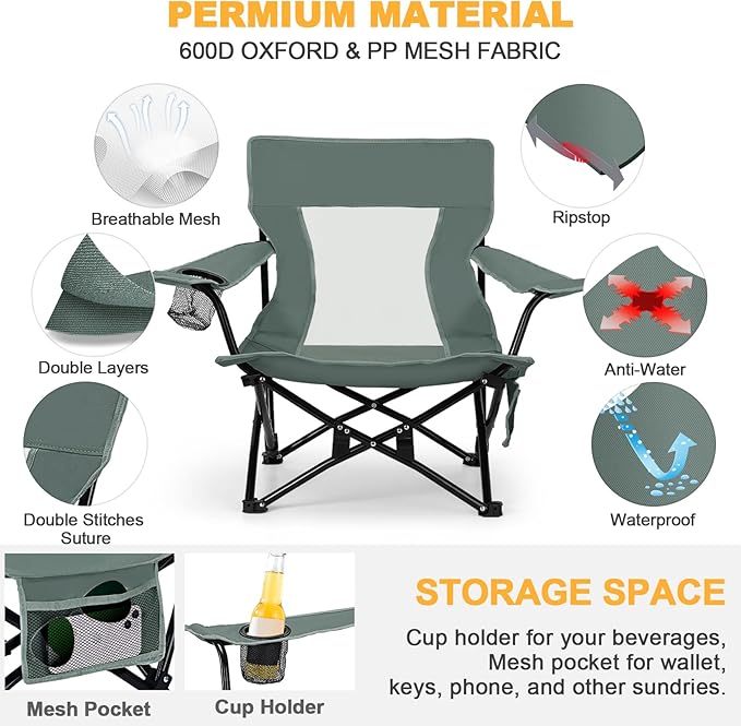 Joyfair Beach Camping Chair (2 Pack) Outdoor Folding Lawn Chair for Adults Heavy Duty Portable Chair with Armrest for Outside Fishing Sport Patio Cup Holder &amp Storage Pocket Carry Bag (Grey)