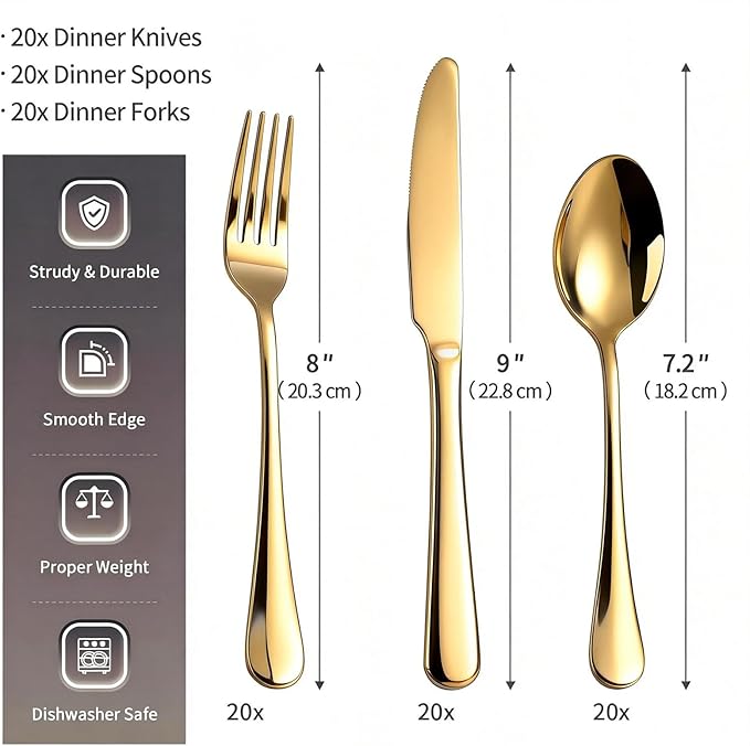 60 Piece Gold Silverware Set for 20 18/0 Stainless Steel Heavy Forks Spoons and Knives Set Mirror Finish Gold Flatware Dishwasher Safe for Family Picnics Daily Gatherings