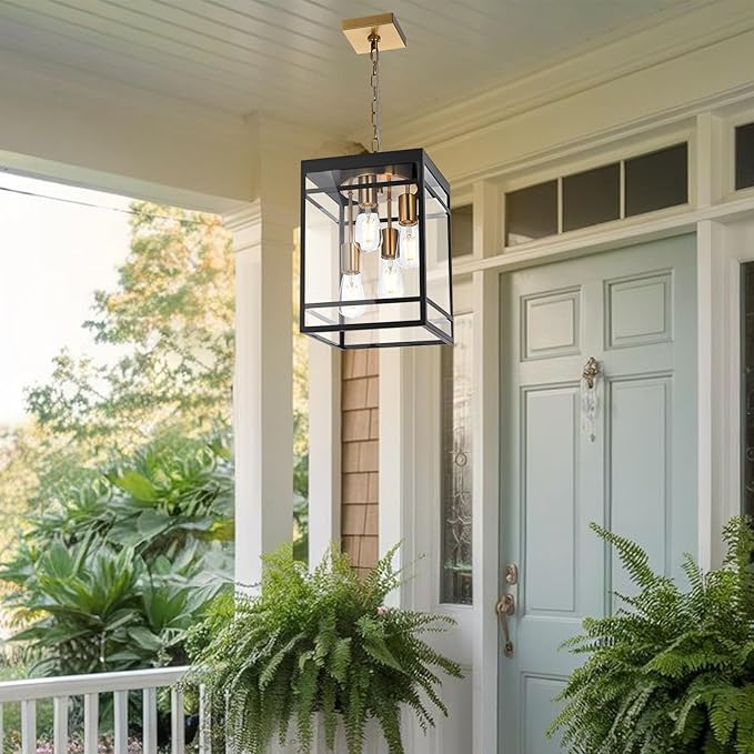 Large Outdoor Pendant Light Fixture for Porch Black Brass Outdoor Hanging Lantern Pendant Light with Clear Glass 4 Lights Exterior Porch Chandelier for Outside PatioFront DoorEnterway