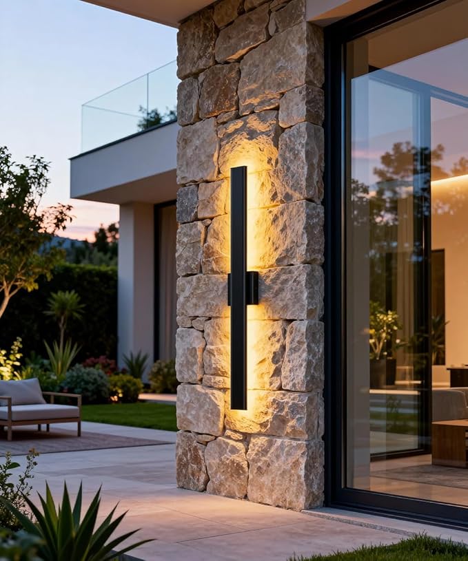 Aipsun 2 Packs Outdoor Wall Sconce 3000K 4000K 6000K 31.5in Modern Black Exterior Light Long LED Linear Wall Light Outside Lighting for Entrance Hallway Garage Porch(3CCT)