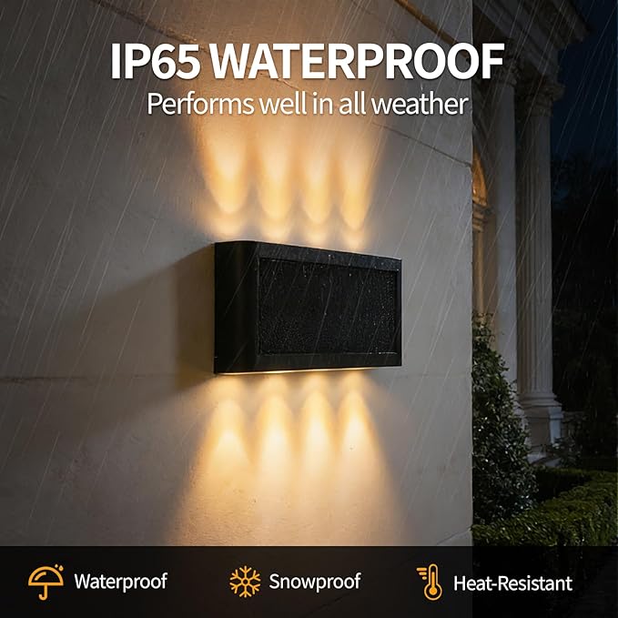 Solar Wall Lights Outdoor 2 Pack Up and Down Solar Wall Sconce 3000K Warm White Dusk to Dawn IP65 Waterproof Exterior Mounted Lights Up to 16H Runtime for Porch Doorway Entryway