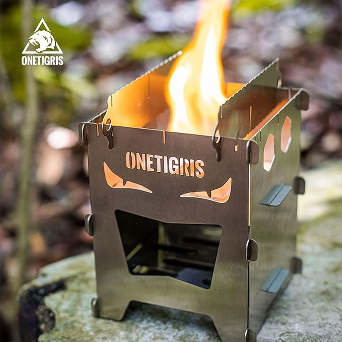 OneTigris Camping Backpacking Stove Portable Foldable Burning Wood Stove for Outdoor Hiking Picnic BBQStainless Steel (Medium)