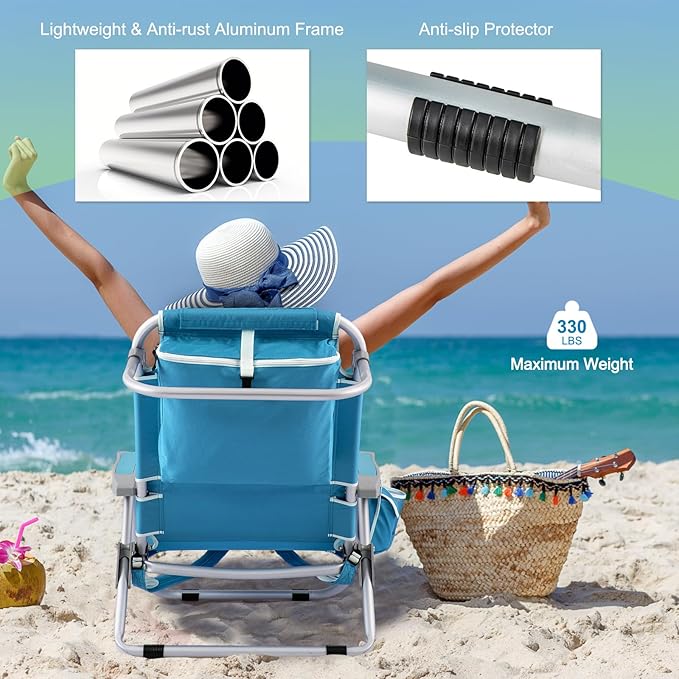 Goplus Beach Chair 330lbs Folding Backpack Chairs for Adults with 5-Position Backrest Storage Pockets Towel Bar &amp Headrest Foldable Low Beach Lounge Portable Aluminum Lay Flat Camping Chair