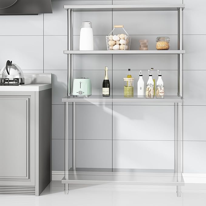12x48 Double Utility Shelves Rack Deck Stainless Steel Prep Table Worktable Workstation with Undershelf Stainless Steel Tables for Kitchen Home Prep Work Table