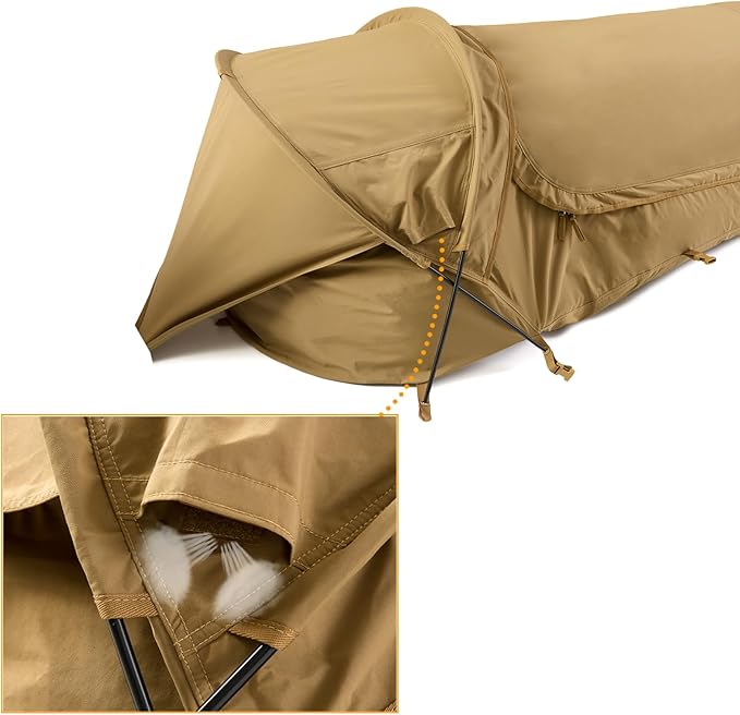 MT Military Hideaway Bivy Cover Stealth Compact Single-Pole Hooped Tent for Modular Sleeping Bags with Mosquito Bug Net MeshWaterproof Breathable Outer Shell Minimalist Shelter