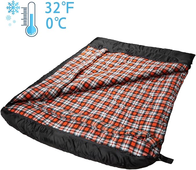 AGEMORE Cotton Flannel Double Sleeping Bags for Adults Cold Weather Waterproof Queen Size Sleeping Bag 2 Person Double Wide Warm Sleeping Bag for Family or Couples Outdoor Camping or RV Traveling