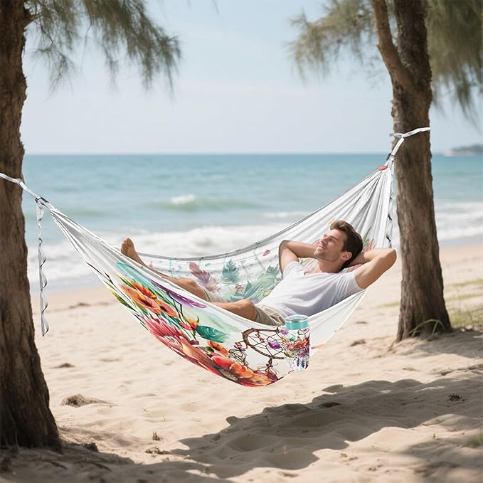 ALAZA Dreamcatcher Flowers Camping Hammocks Single or 2 Person 500 lbs Portable Parachute Travel Hammock w/Tree Straps for Hiking Backpacking Indoor Outdoor