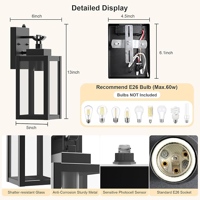 LTBLIGHT 2-Pack Dusk to Dawn Outdoor Wall Lights Modern Black Sensor Porch Light Fixtures Waterproof Exterior Lighting for House Garage Patio Front Door 100-120Vac
