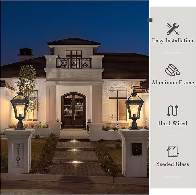 Emliviar 22 Inch Outdoor Post Light Farmhouse Vintage Outside Pole Light for Yard Aluminum with Seeded Glass Black Finish XE266P BK