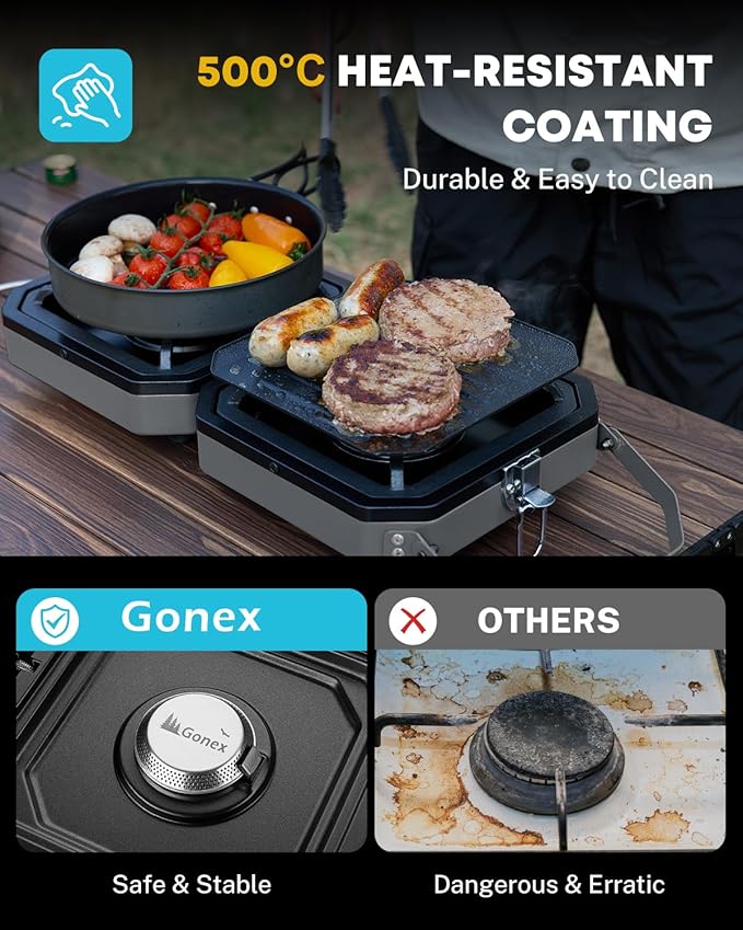 Gonex 2 Burner Propane Camping Stove with Griddle &amp Grates Portable Foldable Cooking Stove with Total 16000 BTU Two Piezo Ignition Adjustable Burners for Camping Patio Emergency Hiking (Grey
