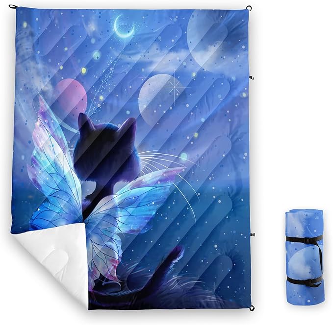 Axolotl Butterfly Cat Camping BlanketMoon Stars Packable Outdoor BlanketGlitter Planet Lightweight Waterproof Printed BlanketCat Lover Travel Blanket for CampingTravelStadiumHikingNavy Blue