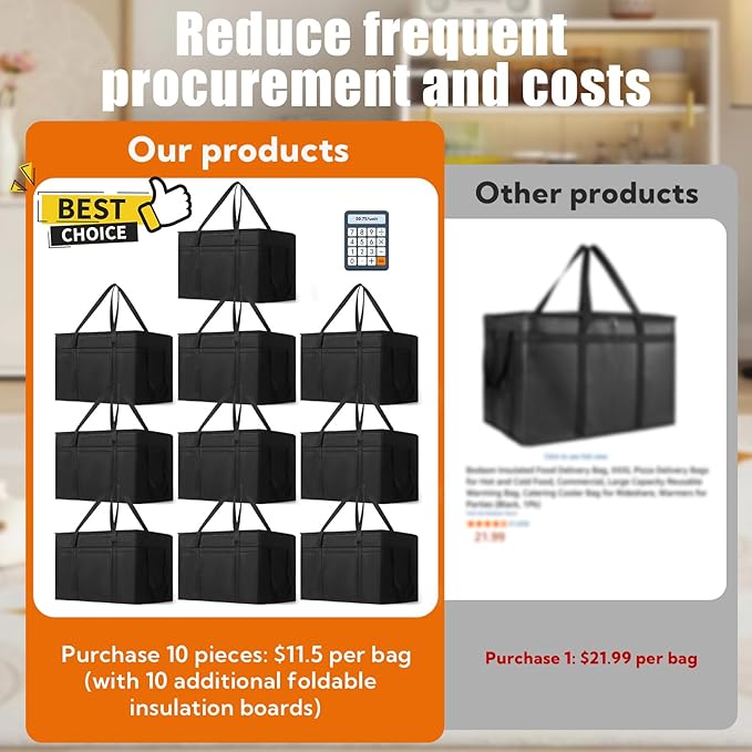10 Pack Insulated Food Delivery Bags Bulk Insulated Bag XXXL Pizza Delivery Bags Foldable With Hard Bottom Insulated Cooler Bag for Grocery Catering Travel Hot/Cold Food Transport
