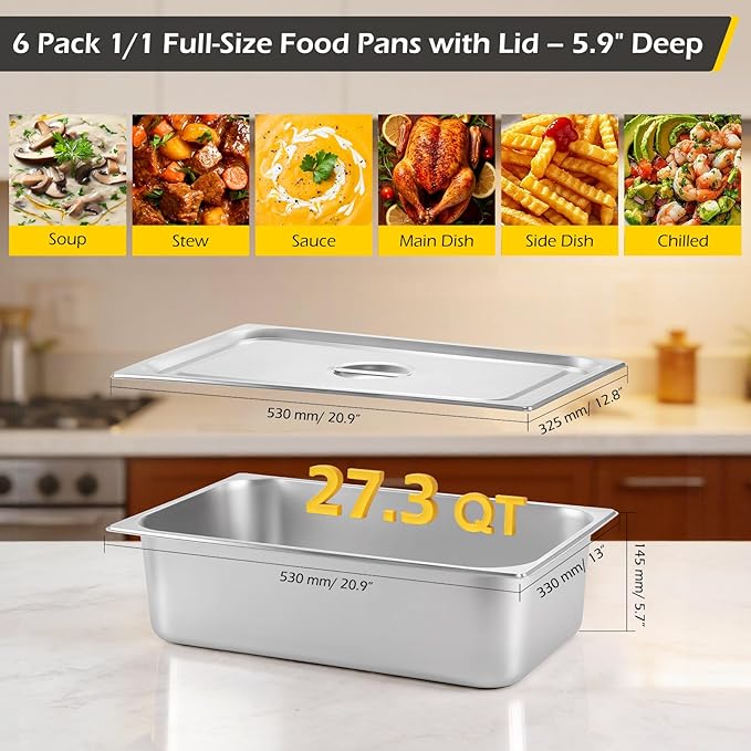 Dyna-Living 6 Pack Hotel Pans Full Size 6 Inch Deep Stainless Steel Steam Table Pan with Lids Anti Jam Stackable Commercial Food Pans for Buffet Hotel Home Restaurant Party Catering Supplies