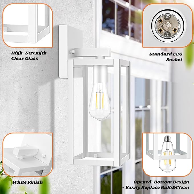 Brightever 2-Pack Outdoor Wall Light Fixtures Waterproof Anti-Rust Outside Wall Sconce Lantern with Clear Glass Exterior Front Porch Lights for House Garage Doorway Bulbs Not Included White