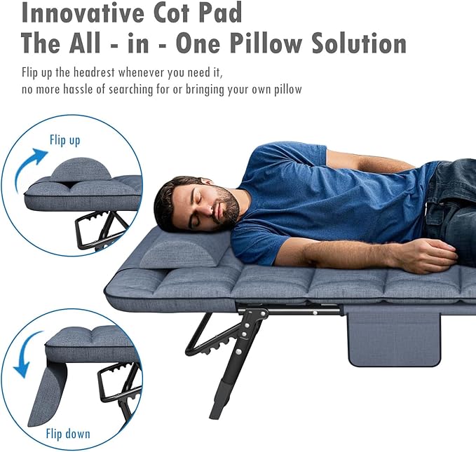 ATORPOK Folding Camping Cot for Adults with Padded Mattress and Pillow Adjustable Reclining Lounger Sleeping Cot Bed Ideal for Camping Travel Garden or Office Use Blue