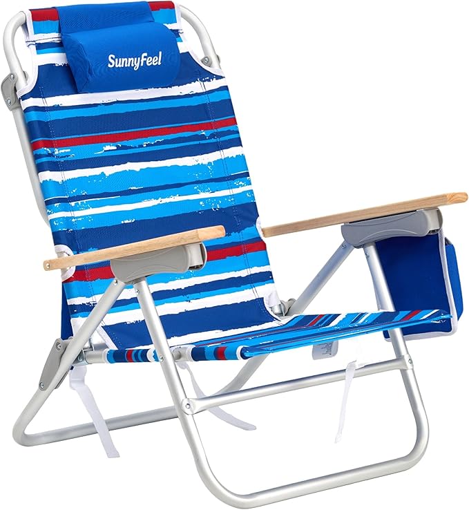 SUNNYFEEL Low Back Folding Beach Chair Aluminum Heavy Duty Beach Chair with with 5-Position Portable Camping Chair for Adults with Wood Armrest Lightweight Camping Chair 300lbs Blue Stripe