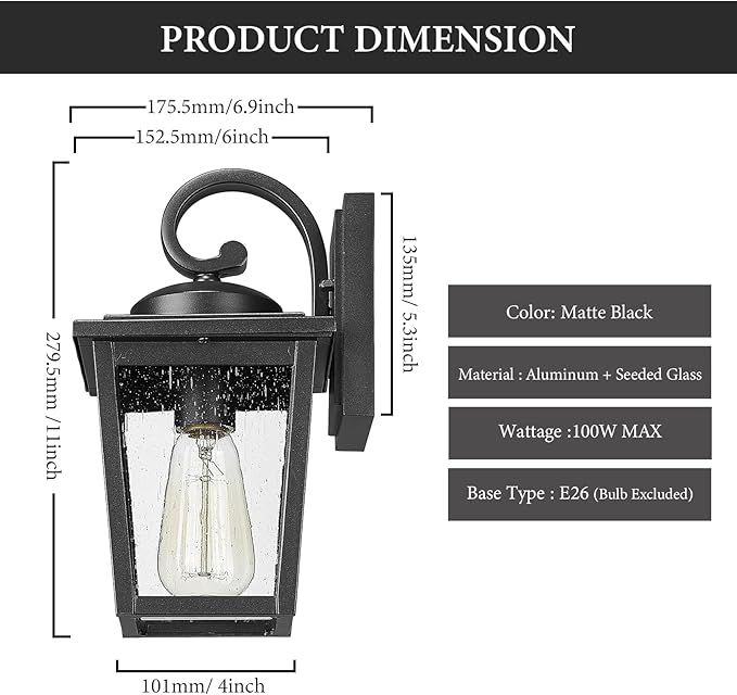 Outdoor Light Fixtures Wall Mount Waterproof Exterior Wall Lanterns with Seeded Glass Outside Wall Sconces Front Porch Lights for House Garage Doorway Patio