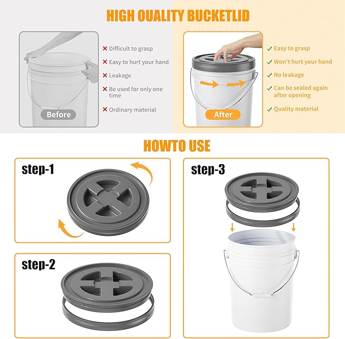 4 Pieces 5 Gallon Bucket Lids 12inch Leak-proof Plastic Seal Screw Top Airtight Lid Reusable Drum &amp Pail Lid for Pet Food Storage Home Paint Storage and Industrial Storage Buckets -Grey