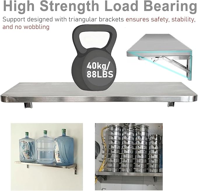 Fold Down Concession Shelf Foldable Stainless Steel Shelves for Food Truck Exterior Utility Wall Shelf for Grilling Stations Porch Storage Trailers(Silver-W 12in/30cmL 40in/101cm)