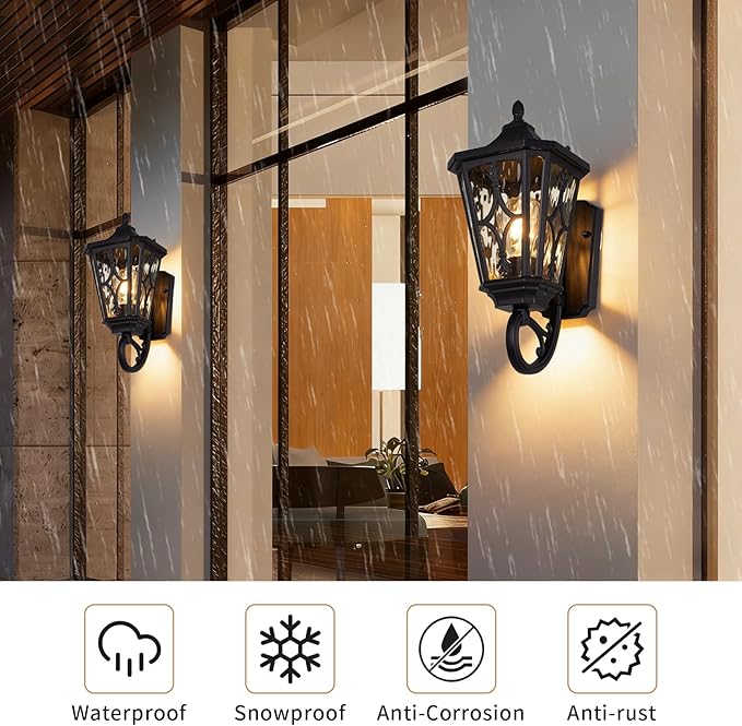 14 Outdoor Wall Light FixturesExterior Waterproof Wall Lantern Porch Sconces Lighting with E26 Socket &amp Water Ripple Glass ShadesMatte Black Outside Wall Lantern Light for House Front Door Gar