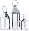 Allgala 3-PC Lantern Set 24 Inch Jumbo Deluxe Modern Indoor/Outdoor Candle Lantern Set Silver Stainless Steel Frame Tempered Glass Pyramid Top for Garden Poolside Fireplace Wedding