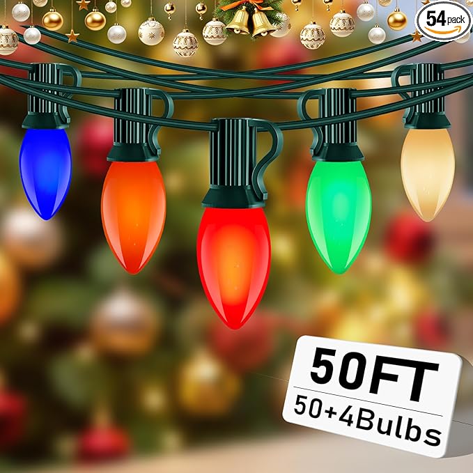 C9 LED Multicolor Christmas Lights 50FT Outdoor String Lights with 54 Ceramic Bulbs (4 Spare) Waterproof Retro Christmas Lights Decor for Xmas Tree Roof Porch Backyard Indoor Outdoor Party