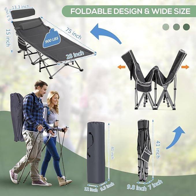 2 Pack Wide Folding Camping Cots with Pillow &amp Extra Thick 3 Inch Matress Cots for Sleeping 900 LBS Camping Bed for Adults with Cushion Sleeping Cot (Grey)