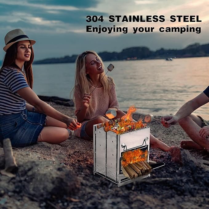 REDCAMP Wood Portable Burning Folding Camp Stove Stainless Steel Grid Collapsible Backpacking Stove Survival Rocket Stove for Hiking Outdoor Tent Camping Picnic BBQ Large